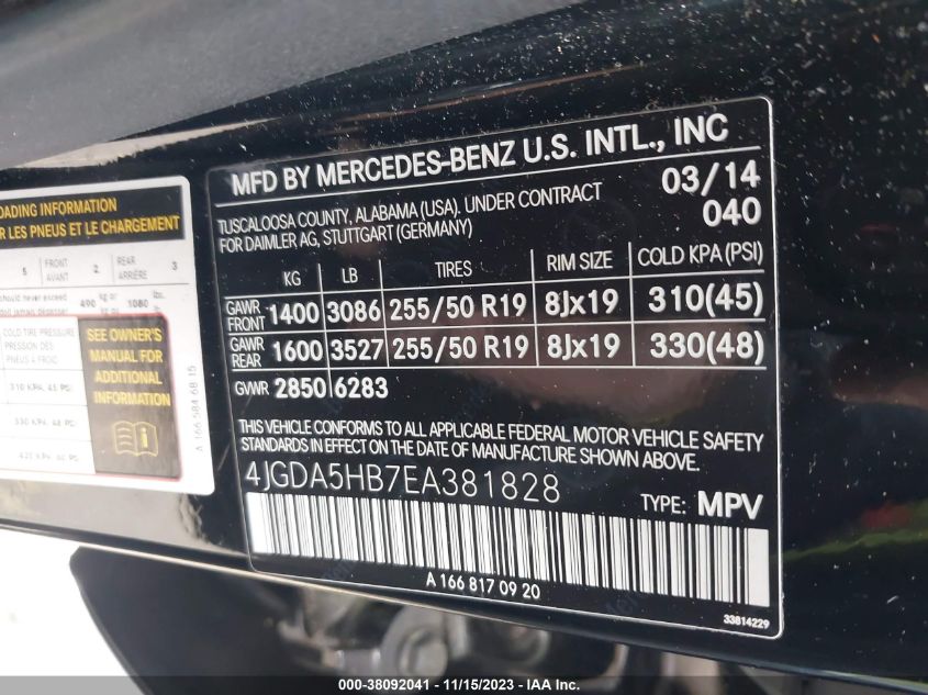 2014 MERCEDES-BENZ ML 350 4JGDA5HB7EA381828