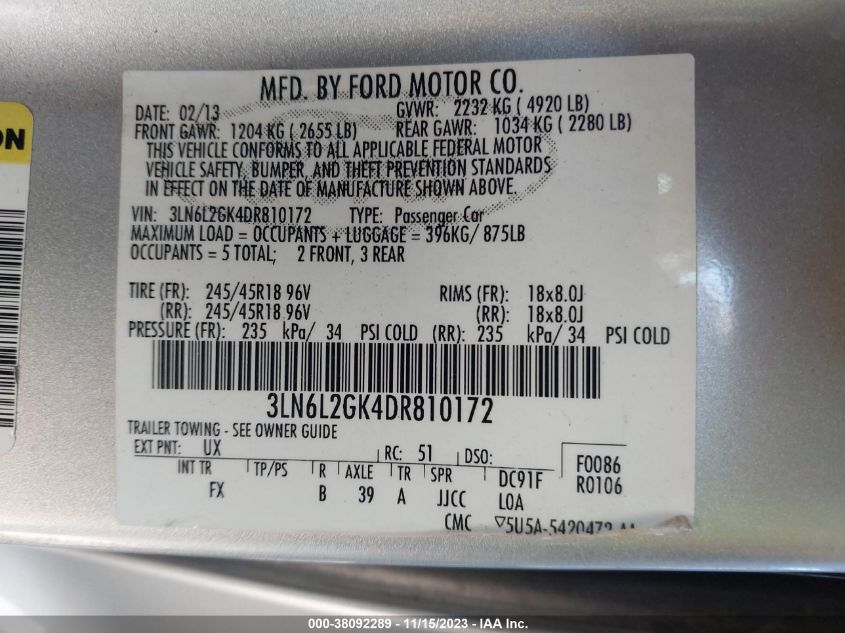 2013 LINCOLN MKZ - 3LN6L2GK4DR810172