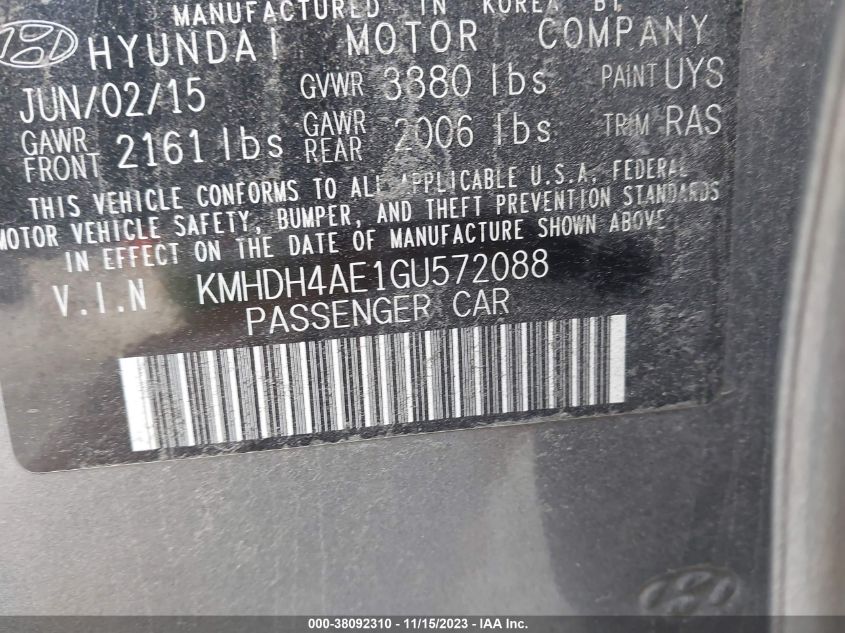 2016 HYUNDAI ELANTRA SE/SPORT/LIMITED - KMHDH4AE1GU572088