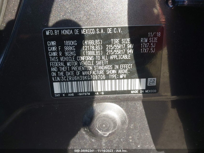 VIN 3CZRU6H39KG708706 2019 HONDA HR-V LX