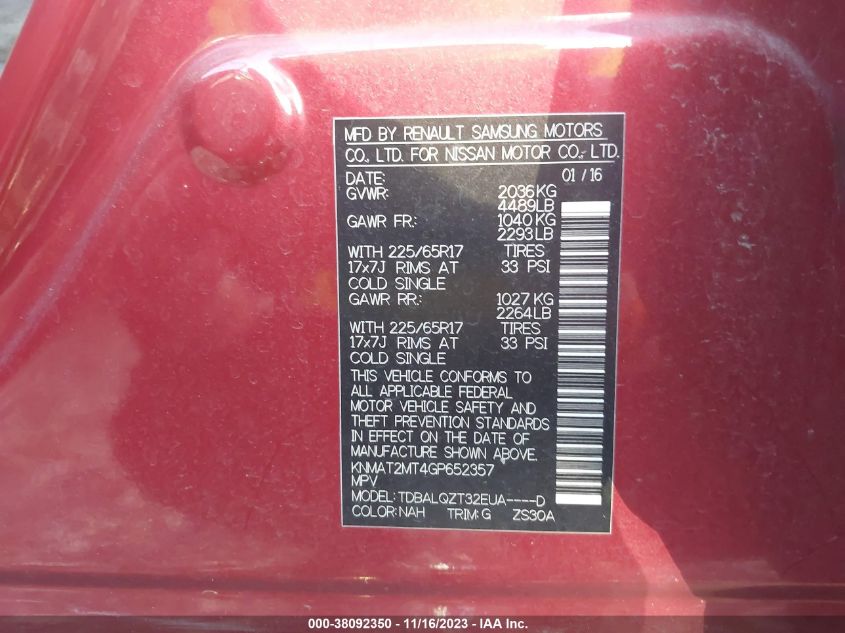 2016 NISSAN ROGUE S/SL/SV - KNMAT2MT4GP652357