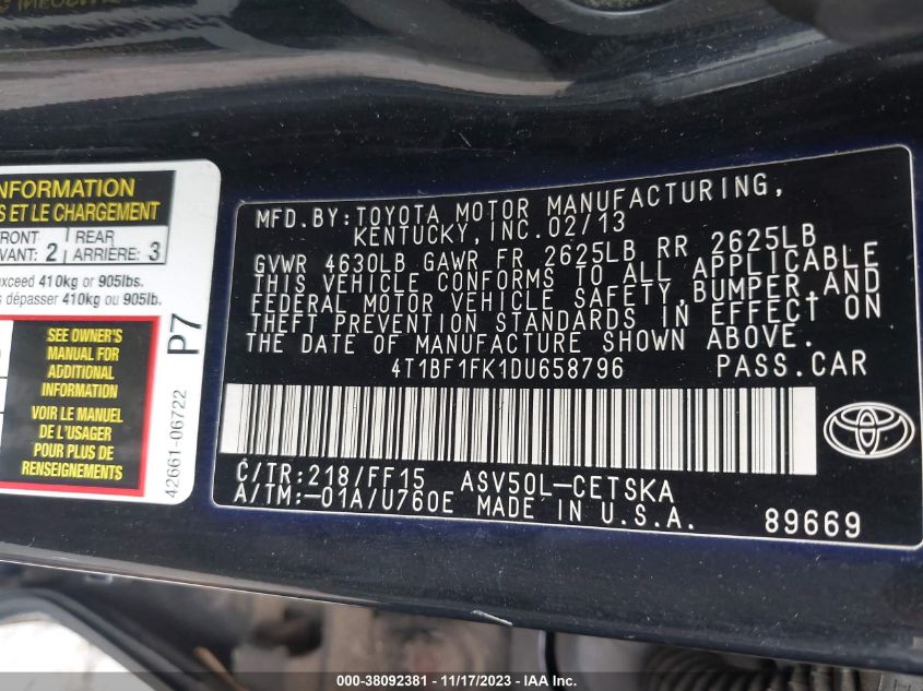 2013 TOYOTA CAMRY SE - 4T1BF1FK1DU658796