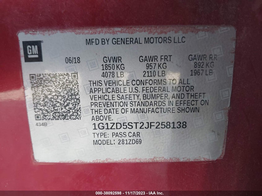 VIN 1G1ZD5ST2JF258138 2018 CHEVROLET MALIBU LT