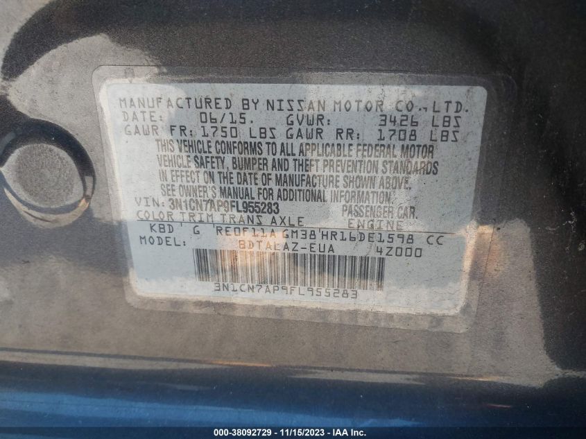 2015 NISSAN VERSA 1.6 S+ - 3N1CN7AP9FL955283