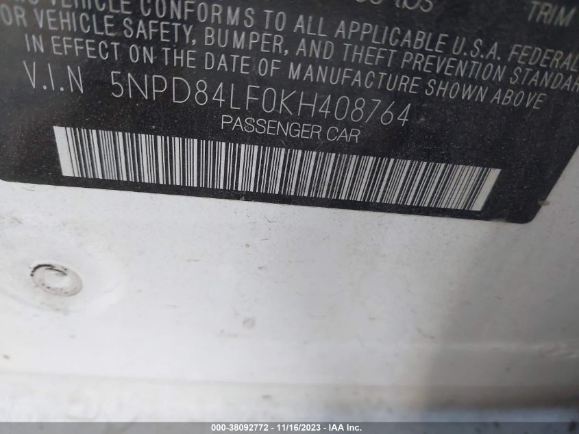 2019 HYUNDAI ELANTRA SEL/VALUE/LIMITED - 5NPD84LF0KH408764