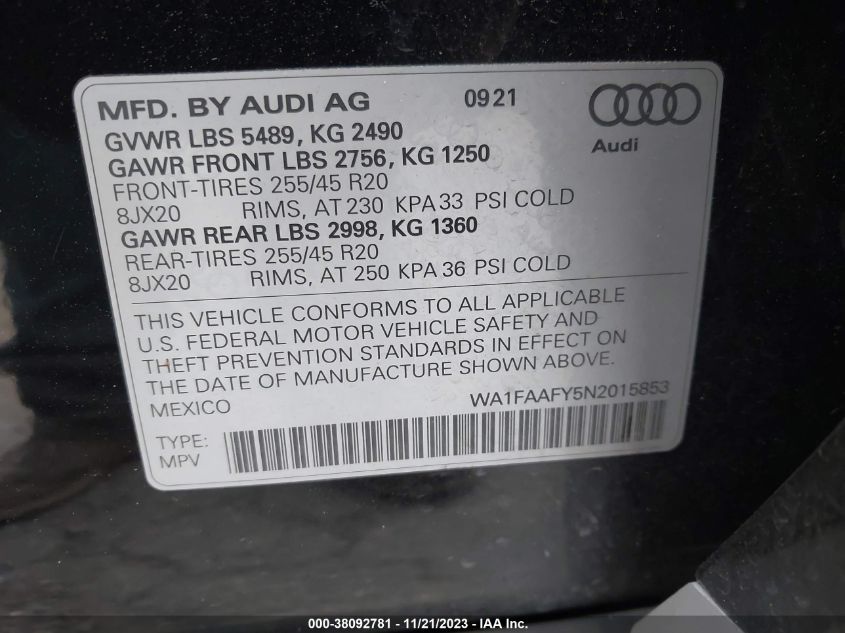 WA1FAAFY5N2015853 2022 AUDI Q5, photo no. 9