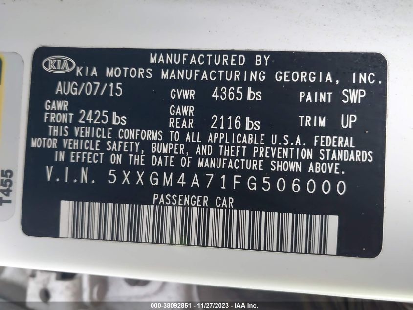 2015 KIA OPTIMA LX - 5XXGM4A71FG506000