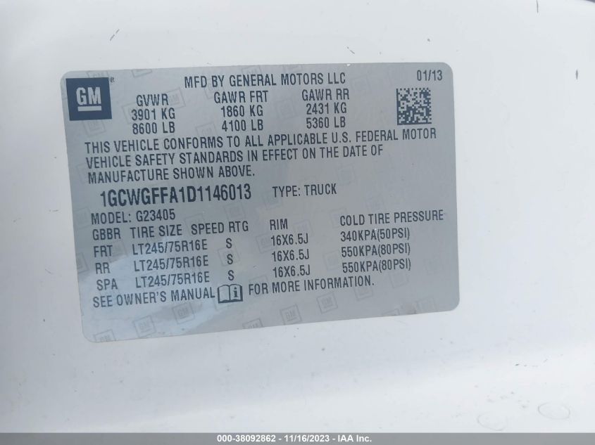 2013 CHEVROLET EXPRESS 2500 WORK VAN 1GCWGFFA1D1146013