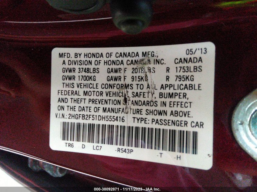 2013 HONDA CIVIC LX - 2HGFB2F51DH555416