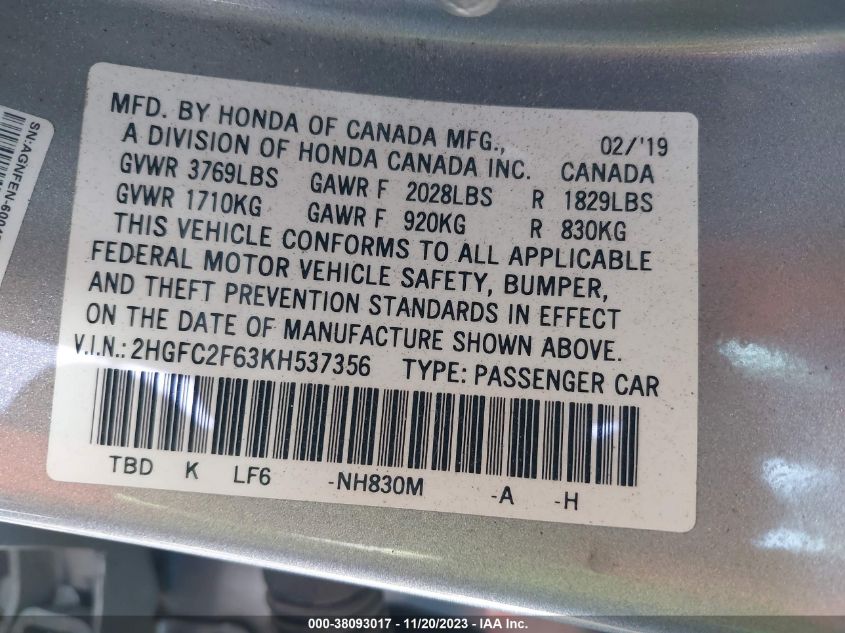 2019 HONDA CIVIC LX - 2HGFC2F63KH537356
