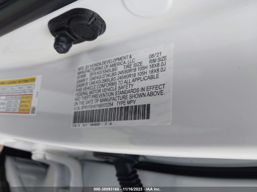 2022 HONDA PILOT 2WD EX-L - 5FNYF5H51NB003254