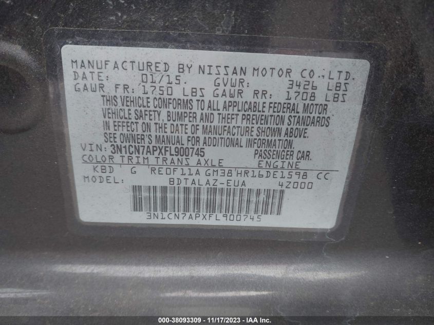 2015 NISSAN VERSA 1.6 S+ - 3N1CN7APXFL900745