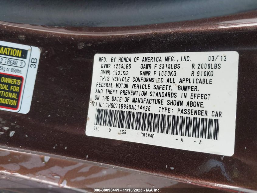 2013 HONDA ACCORD CPE EX-L 1HGCT1B85DA014426