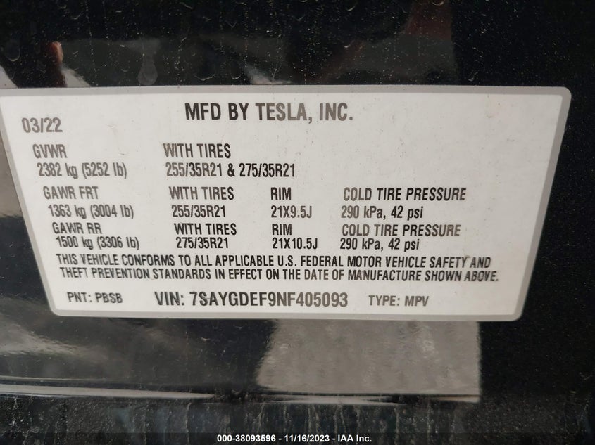 VIN 7SAYGDEF9NF405093 2022 TESLA MODEL Y