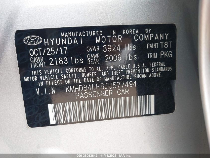 2018 HYUNDAI ELANTRA SEL/VALUE/LIMITED - KMHD84LF8JU577494