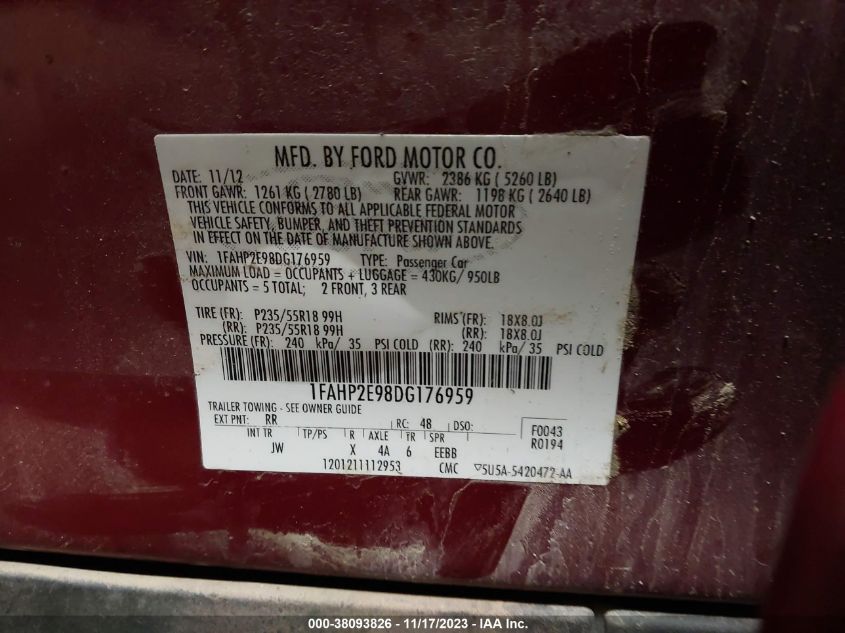 2013 FORD TAURUS SEL - 1FAHP2E98DG176959