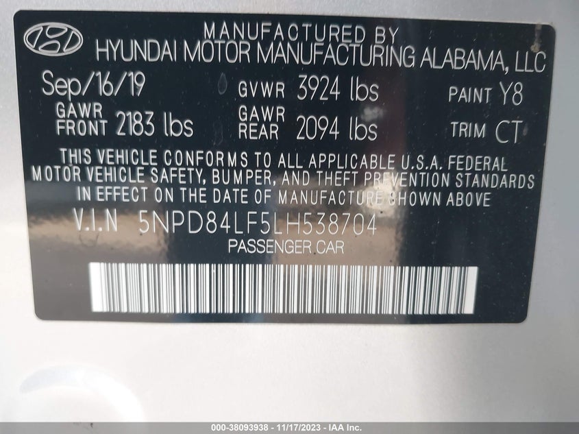 VIN 5NPD84LF5LH538704 2020 HYUNDAI ELANTRA SEL/VALUE/LIMITED