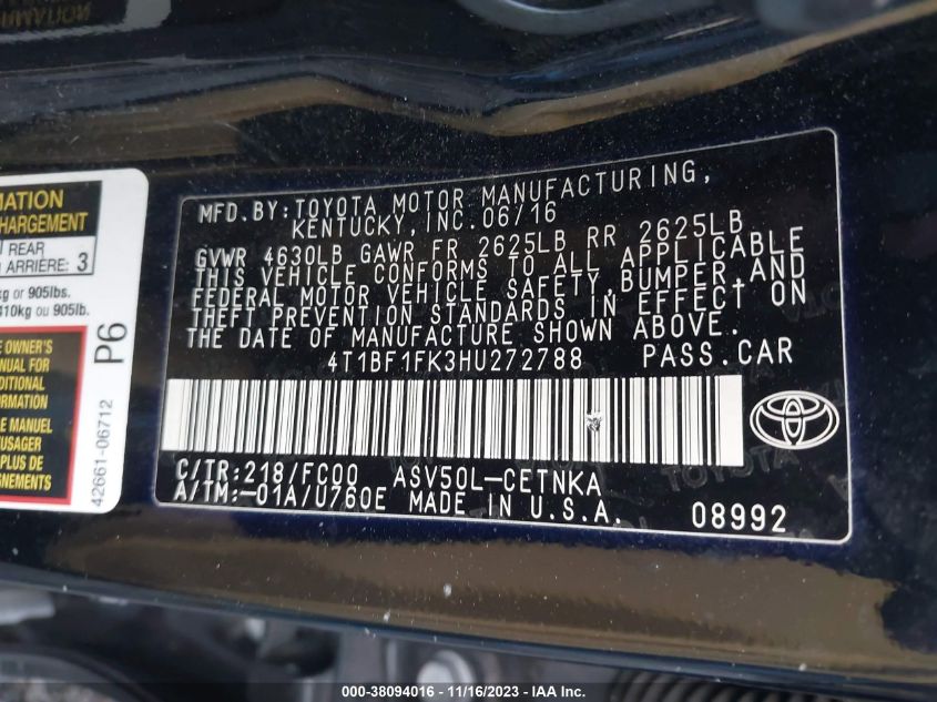 2017 TOYOTA CAMRY XLE/SE/LE/XSE - 4T1BF1FK3HU272788