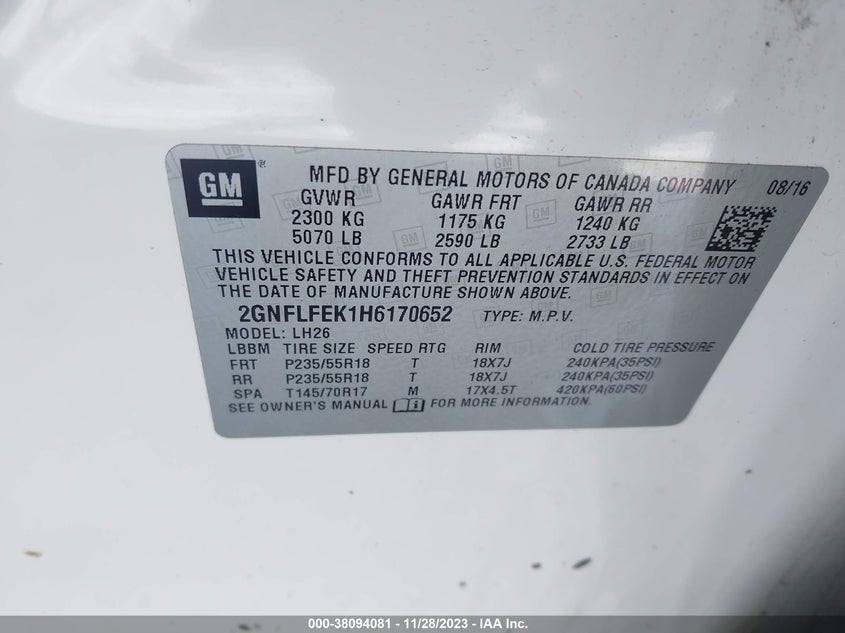 VIN 2GNFLFEK1H6170652 2017 CHEVROLET EQUINOX LT
