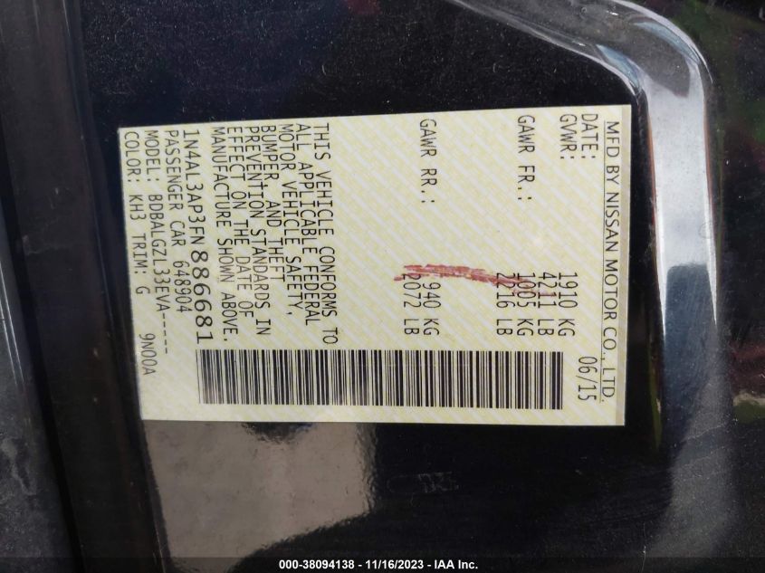 2015 NISSAN ALTIMA 2.5 - 1N4AL3AP3FN886681