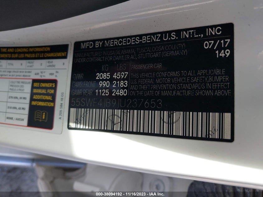 VIN 55SWF4JB9JU237653 2018 MERCEDES-BENZ C 300