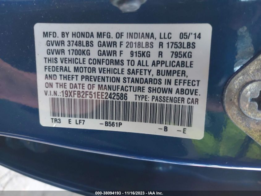 2014 HONDA CIVIC LX - 19XFB2F51EE242586