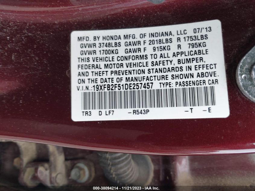 2013 HONDA CIVIC LX - 19XFB2F51DE257457