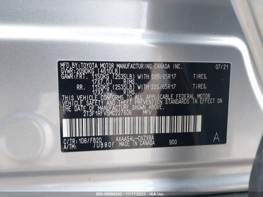 VIN 2T3F1RFV5MC227606 2021 TOYOTA RAV4 LE