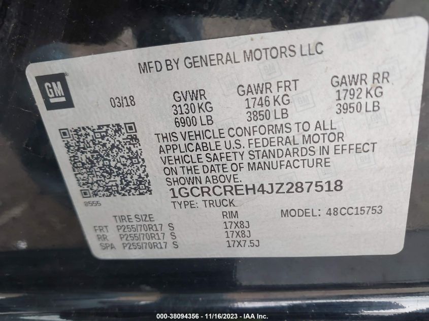 VIN 1GCRCREH4JZ287518 2018 CHEVROLET SILVERADO 1500 1LT