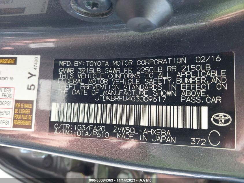 2016 TOYOTA PRIUS TWO - JTDKBRFU4G3009617
