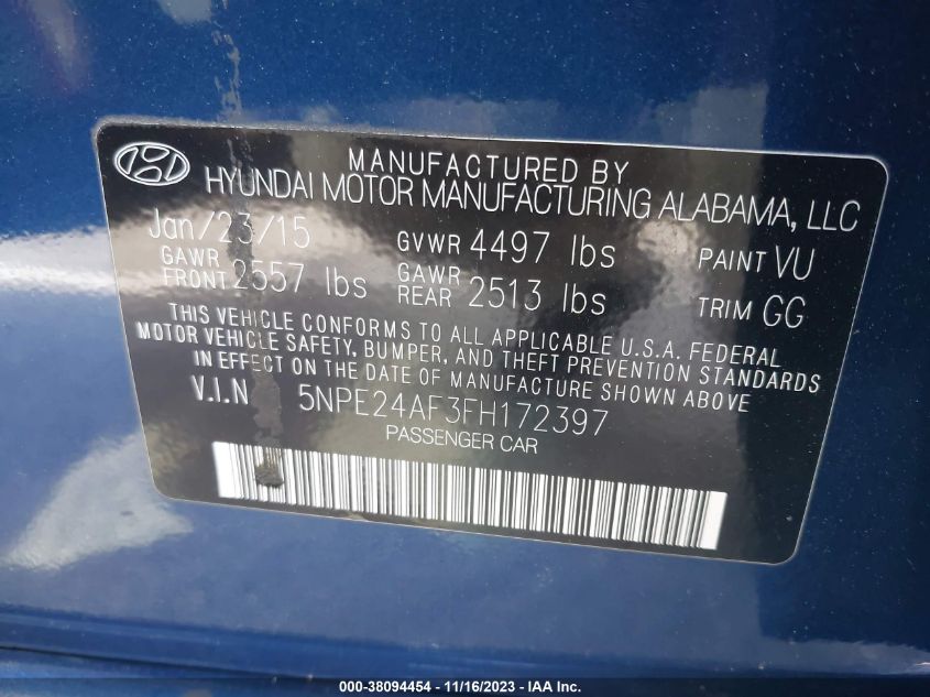 2015 HYUNDAI SONATA SE - 5NPE24AF3FH172397