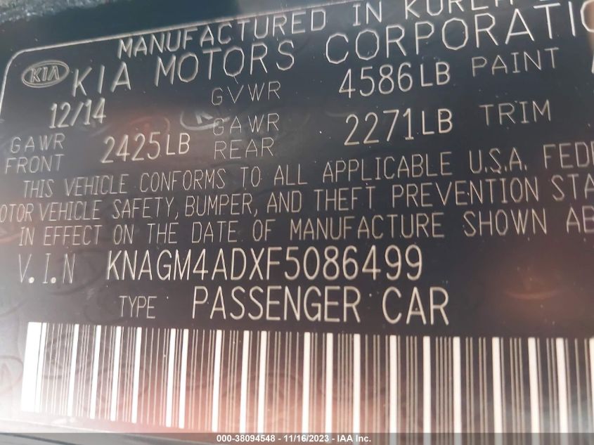 2015 KIA OPTIMA HYBRID - KNAGM4ADXF5086499