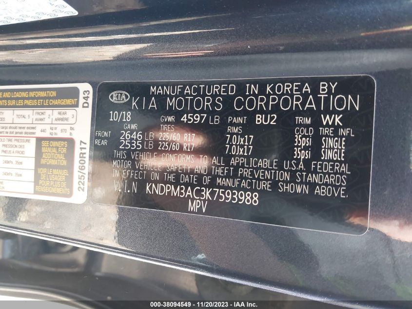 2019 KIA SPORTAGE LX - KNDPM3AC3K7593988