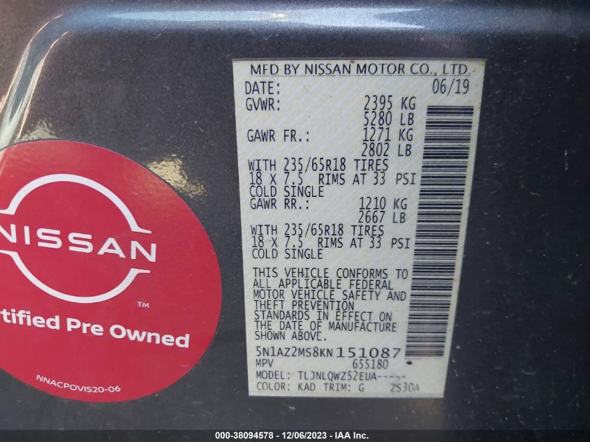 2019 NISSAN MURANO S/SL/SV/PLATINUM - 5N1AZ2MS8KN151087