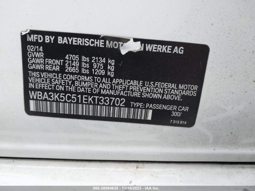2014 BMW 328D XDRIVE WBA3K5C51EKT33702