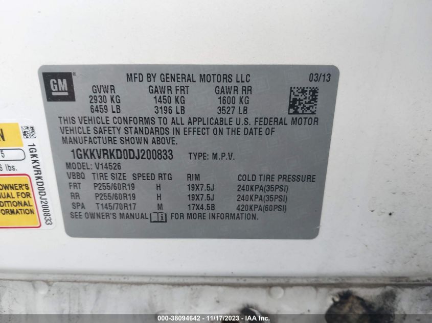 2013 GMC ACADIA SLT-1 - 1GKKVRKD0DJ200833