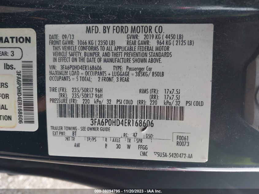 2014 FORD FUSION SE - 3FA6P0HD4ER168606