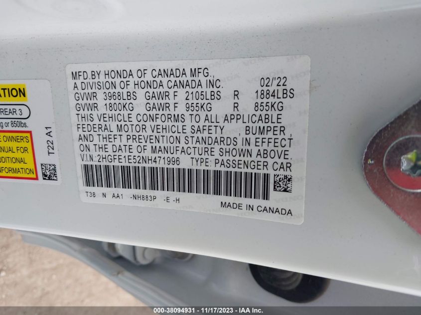 2022 HONDA CIVIC SI 2HGFE1E52NH471996