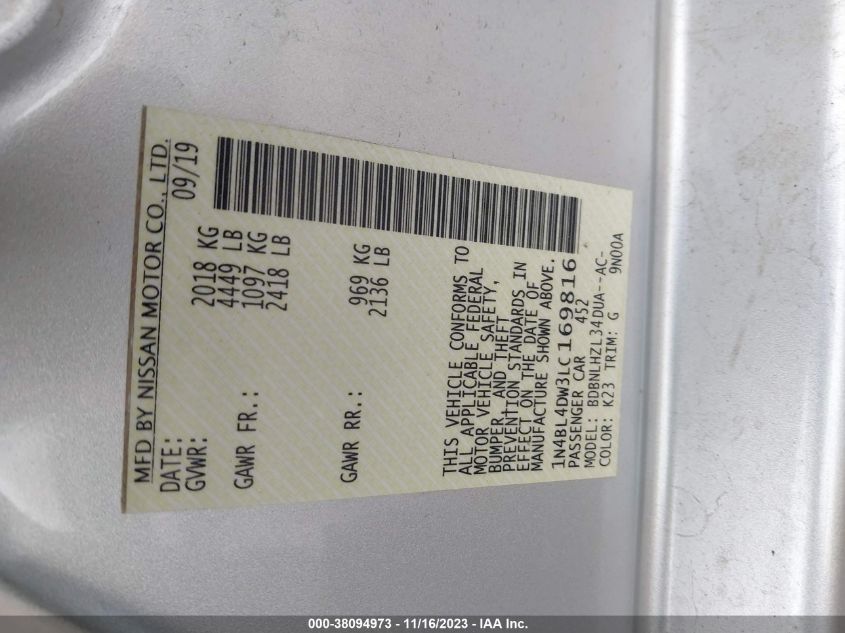 2020 NISSAN ALTIMA SV - 1N4BL4DW3LC169816