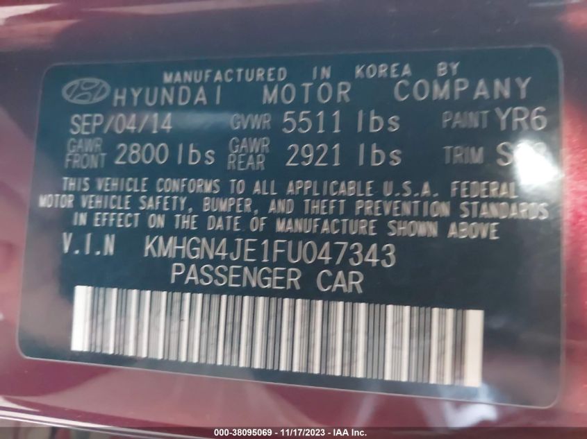 2015 HYUNDAI GENESIS 3.8L - KMHGN4JE1FU047343