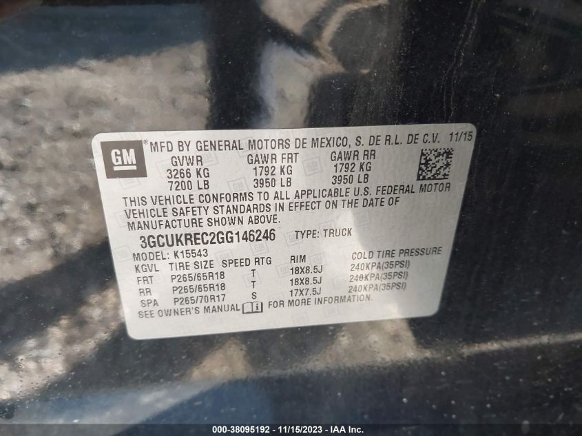 2016 CHEVROLET SILVERADO 1500 LT - 3GCUKREC2GG146246