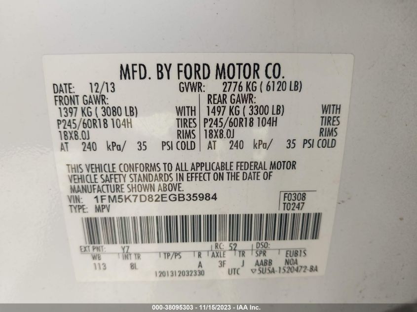 2014 FORD EXPLORER XLT - 1FM5K7D82EGB35984
