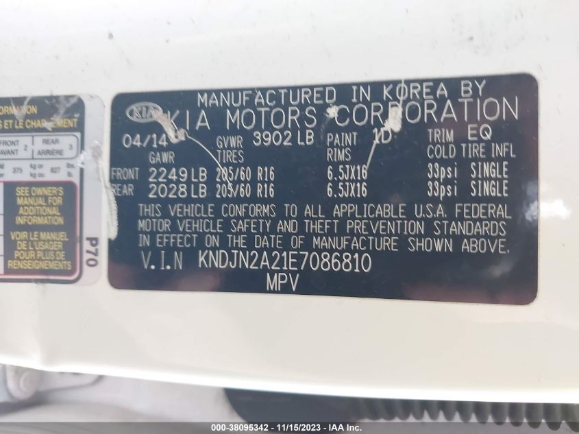 2014 KIA SOUL BASE - KNDJN2A21E7086810