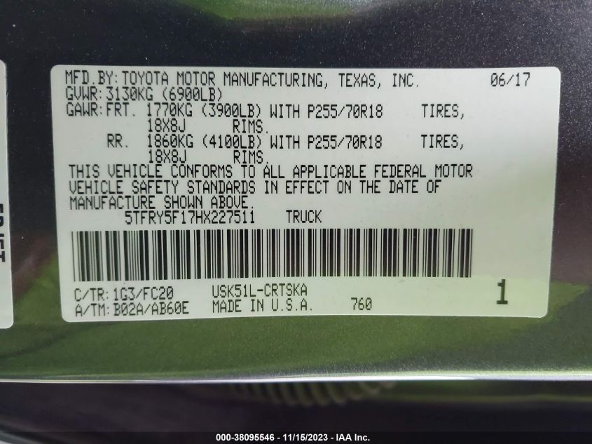 2017 TOYOTA TUNDRA 2WD SR5 5TFRY5F17HX227511