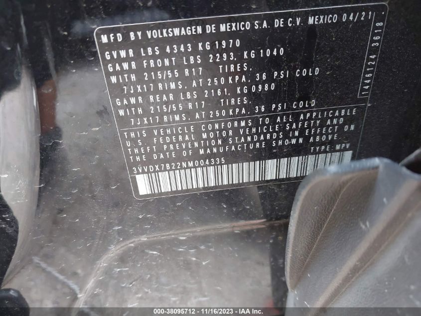 VIN 3VVDX7B22NM004335 2022 VOLKSWAGEN TAOS S