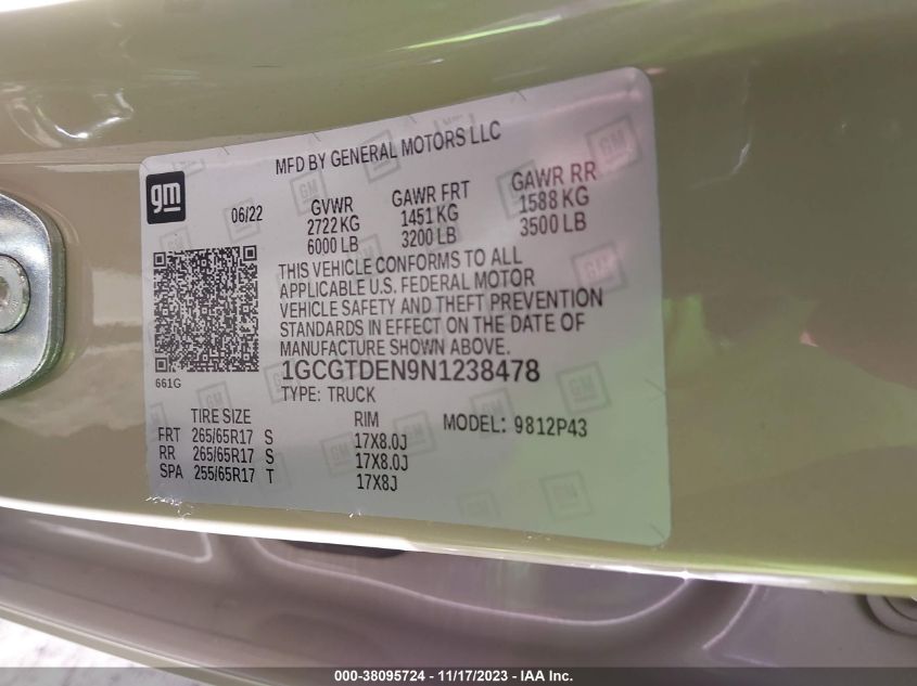 2022 CHEVROLET COLORADO Z71 - 1GCGTDEN9N1238478