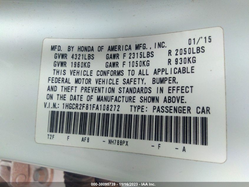 2015 HONDA ACCORD EXL - 1HGCR2F81FA108272
