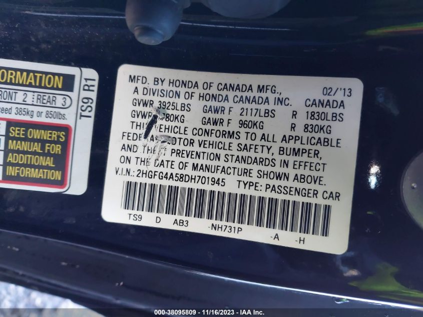 2013 HONDA CIVIC CPE SI 2HGFG4A58DH701945