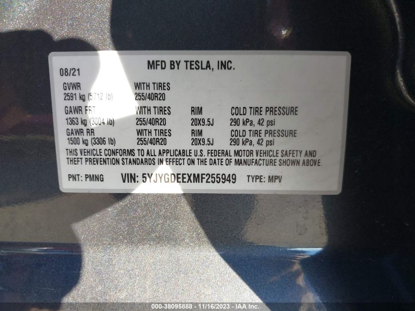 2021 TESLA MODEL Y - 5YJYGDEEXMF255949