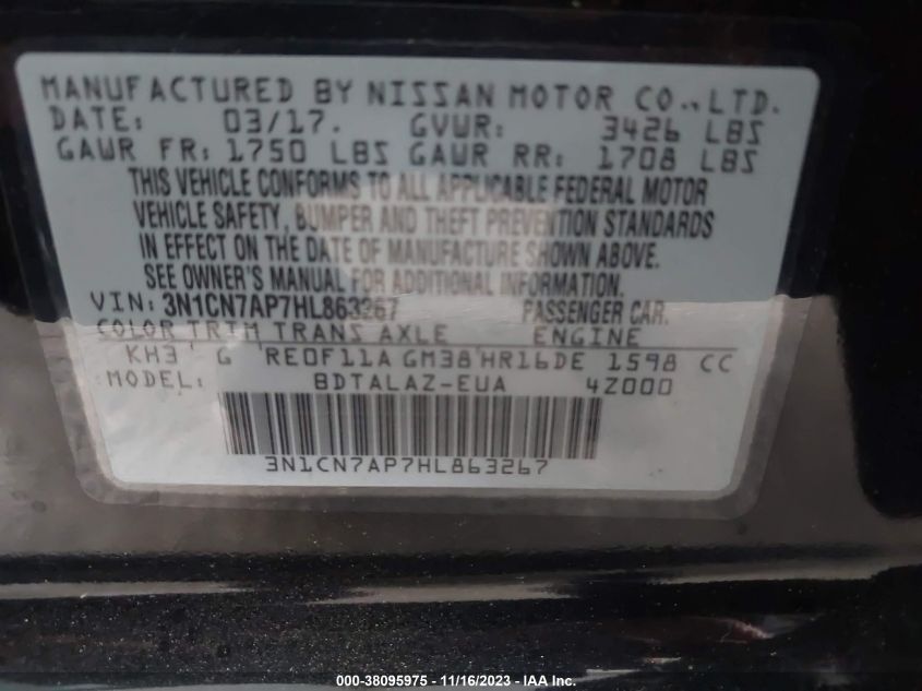 2017 NISSAN VERSA S/S PLUS/SV/SL - 3N1CN7AP7HL863267